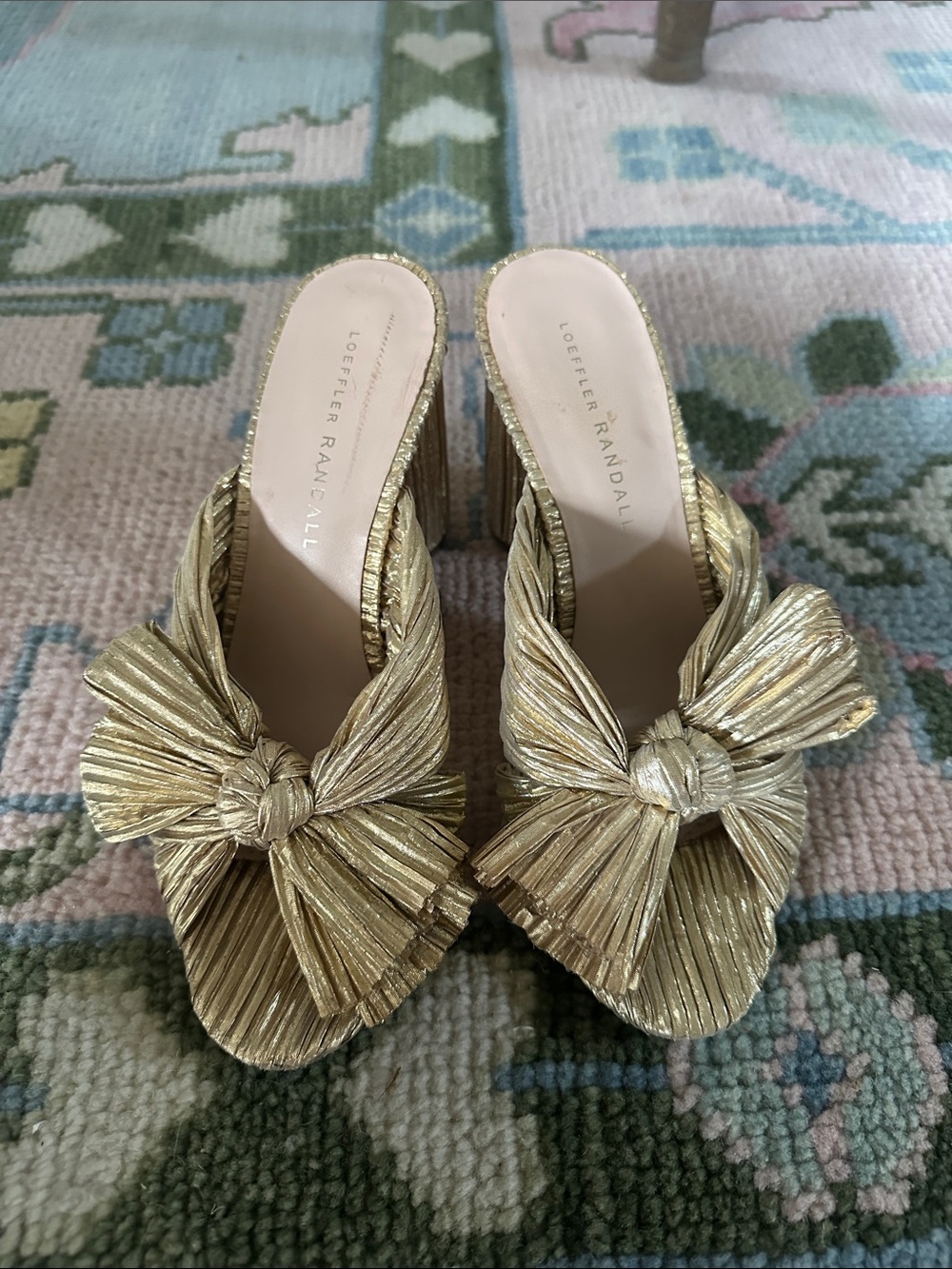Loeffler Randall Metallic Gold Knotted Bow Mules